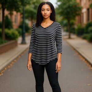 * LILY ROSE Black Striped Beaded Shoulders Top Ladies Medium